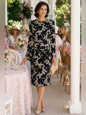 Vintage ARGENTI 100% Silk Floral Peplum Dress Navy Ivory Long Sleeve Sz 8